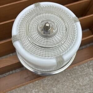 Vtg Art Deco 1950s Milk Glass Clear Atomic Ceiling Light Shade Fixture Complete